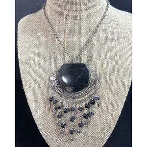 Black Onyx Semiprecious Stone & Alpaca Silver Handmade Necklace From Peru NEW